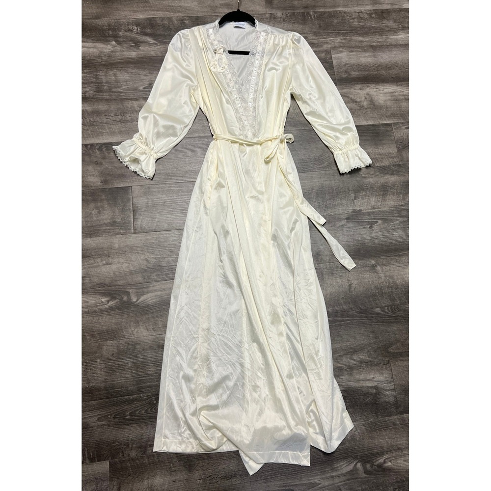 Vintage Lorraine Robe Ivory Lace Trim Maxi  Long Sleeve Nylon Dressing Gown USA